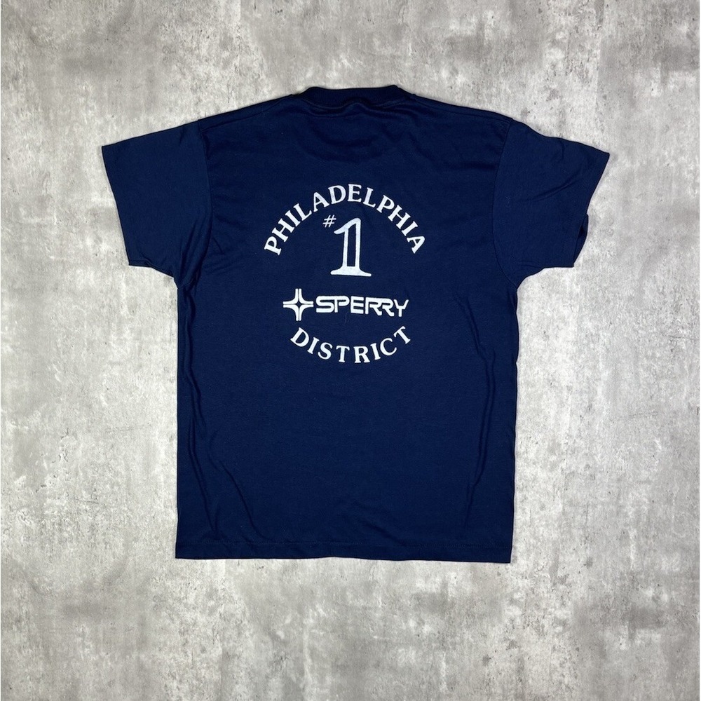 Vintage 80s Hanes Philadelphia Sperry District Graphic T-Shirt Mens Blue Large